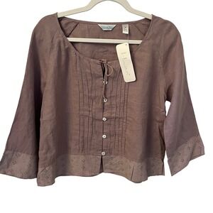 Citron Bleu NWT 100% Linen Pintuck Eyelet Top 3/4 Sleeve.Taupe. Womens M